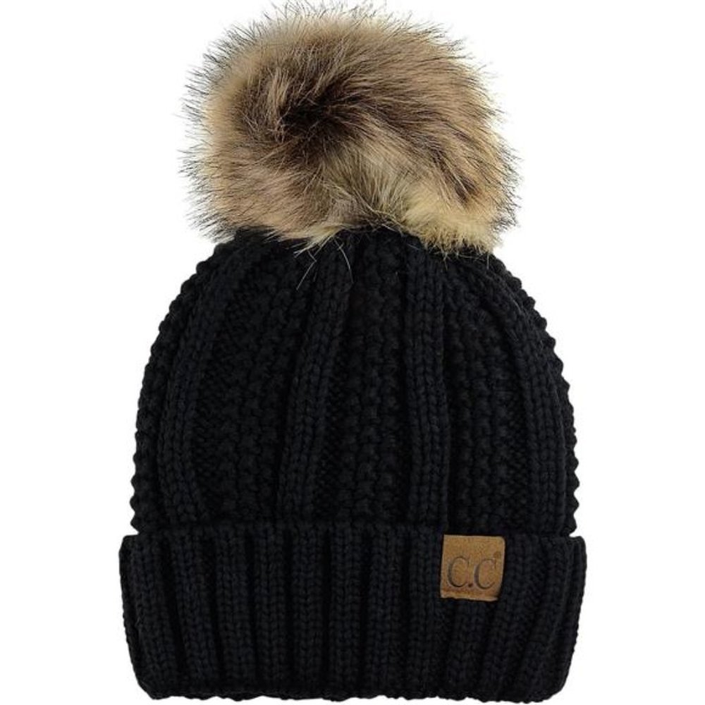 Thick Cable Knit Faux Fuzzy Fur Pom Fleece Lined Skull Cap Cuff Beanie